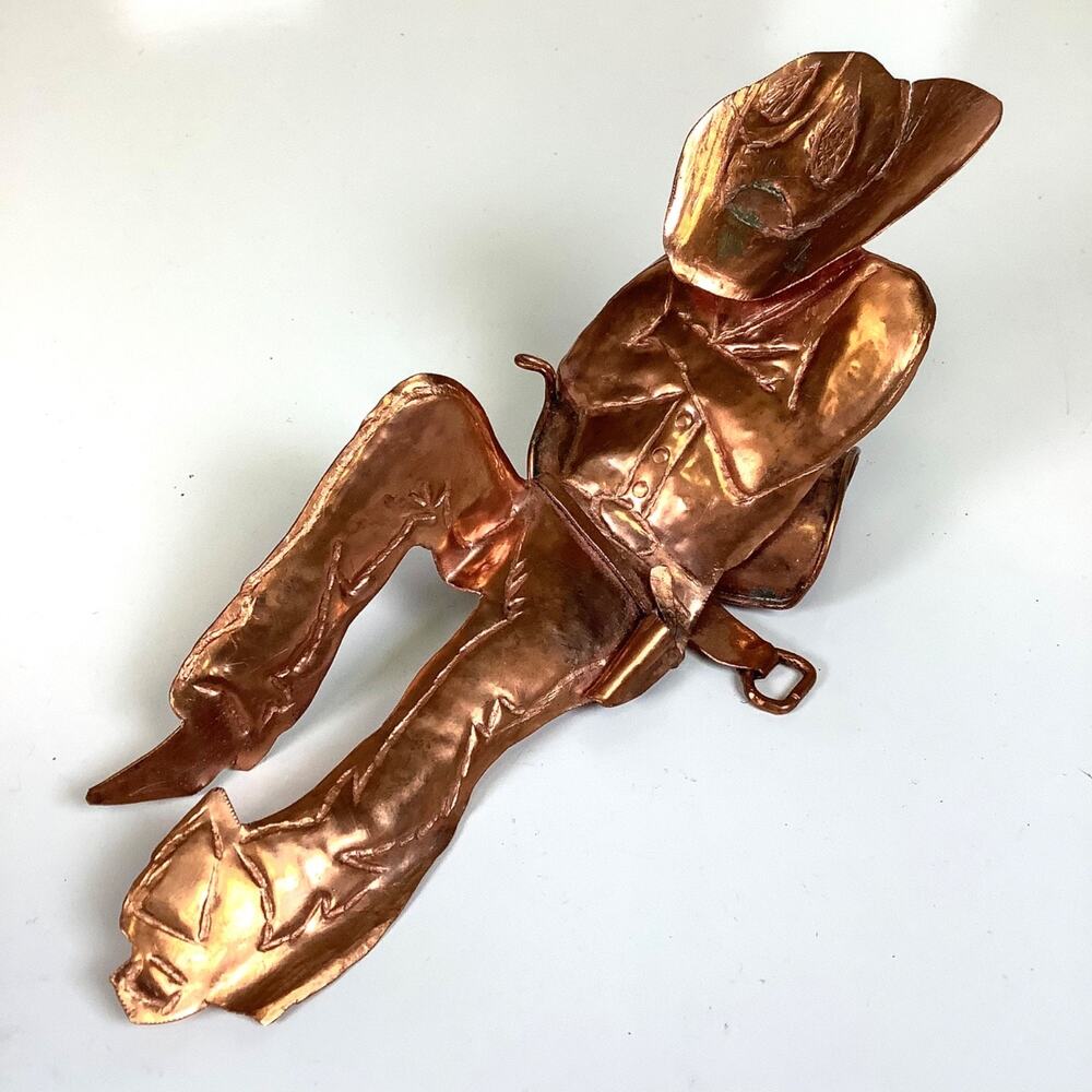 Cowboy Thin Copper Sculpture Figure Western Chaps Saddle Vintage 7.5”L